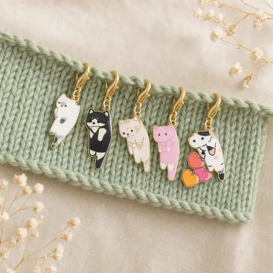 Five enamel cat charm stitch markers clipped along the edge of a sage green knitted swatch