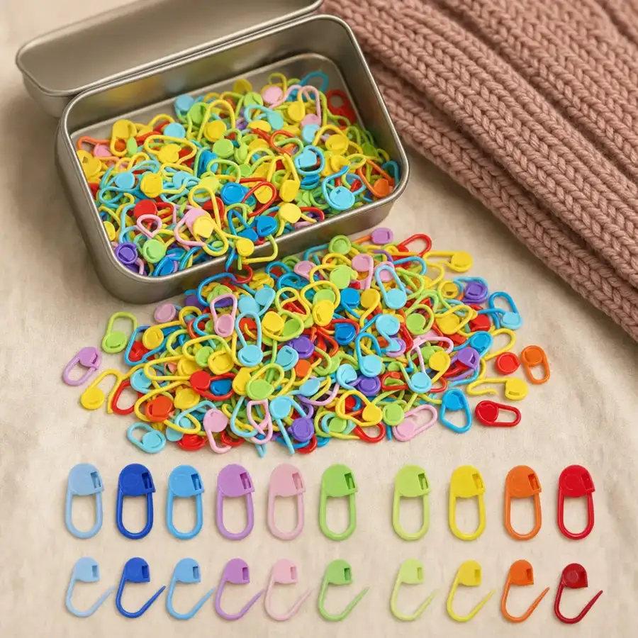 Locking stitch markers spilling from a small tin onto linen beside a dusty rose knitted swatch